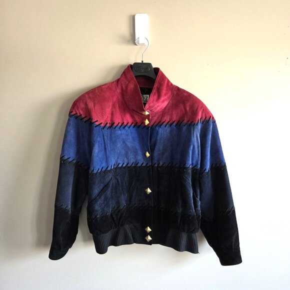 vintage suede jacket Jackets & Blazers - Vintage Dino'z black, red and blue color block suede bomber style jacket .